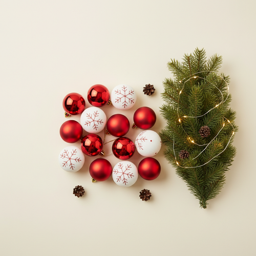 Twelve red and white Christmas ornaments beside a pre-lit pine garland