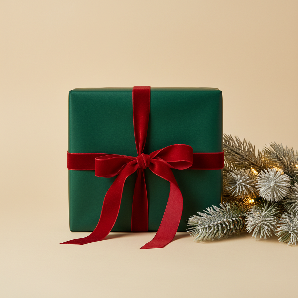 Forest green mystery Christmas gift box with red ribbon beside a glowing pine garland