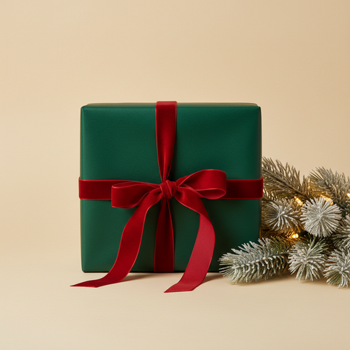 Forest green mystery Christmas gift box with red ribbon beside a glowing pine garland