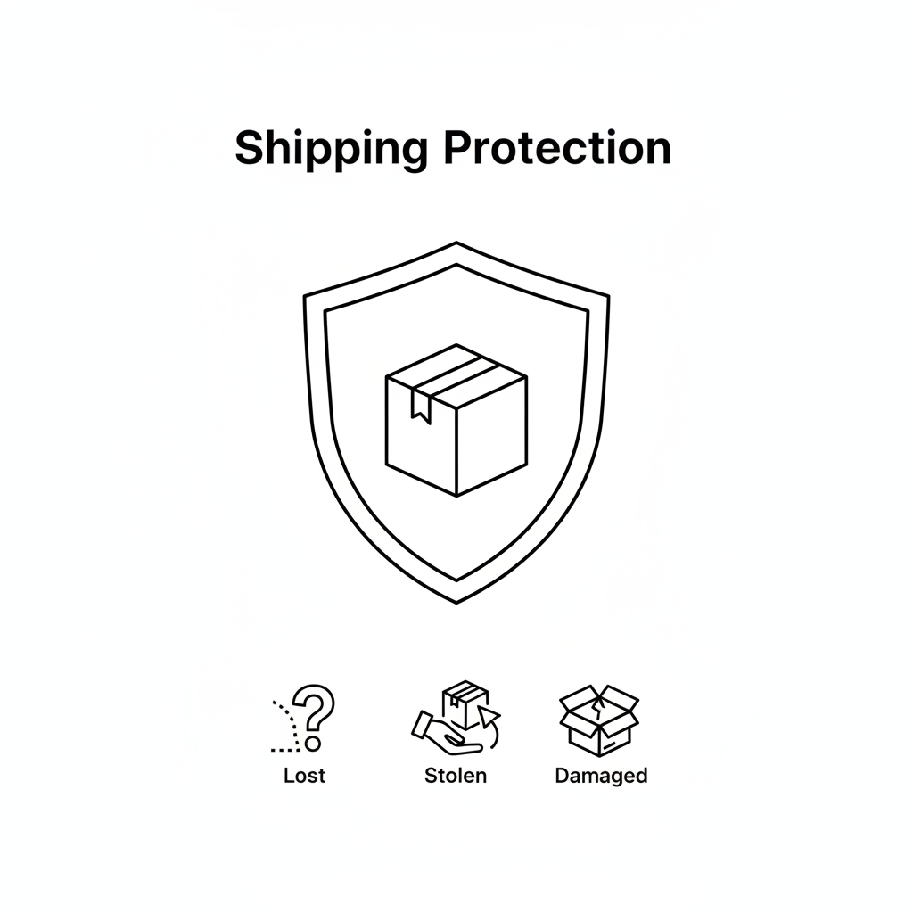 Black line infographic showing a parcel protected by a shield on a white background